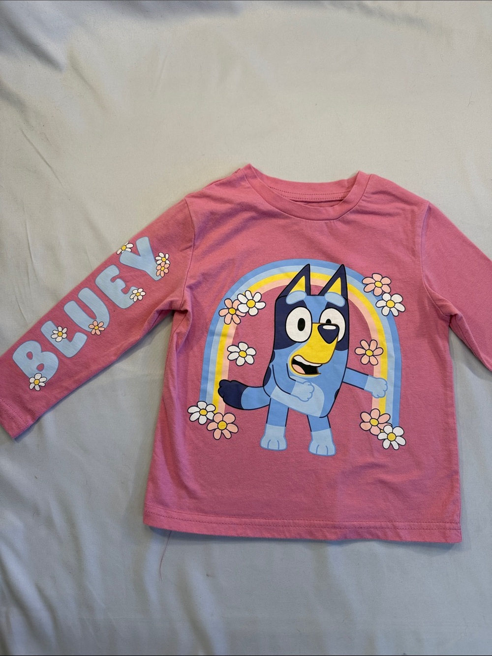 Bluey - Kids Pink Long-Sleeve Tee with Blue Cartoon Dog and Rainbow